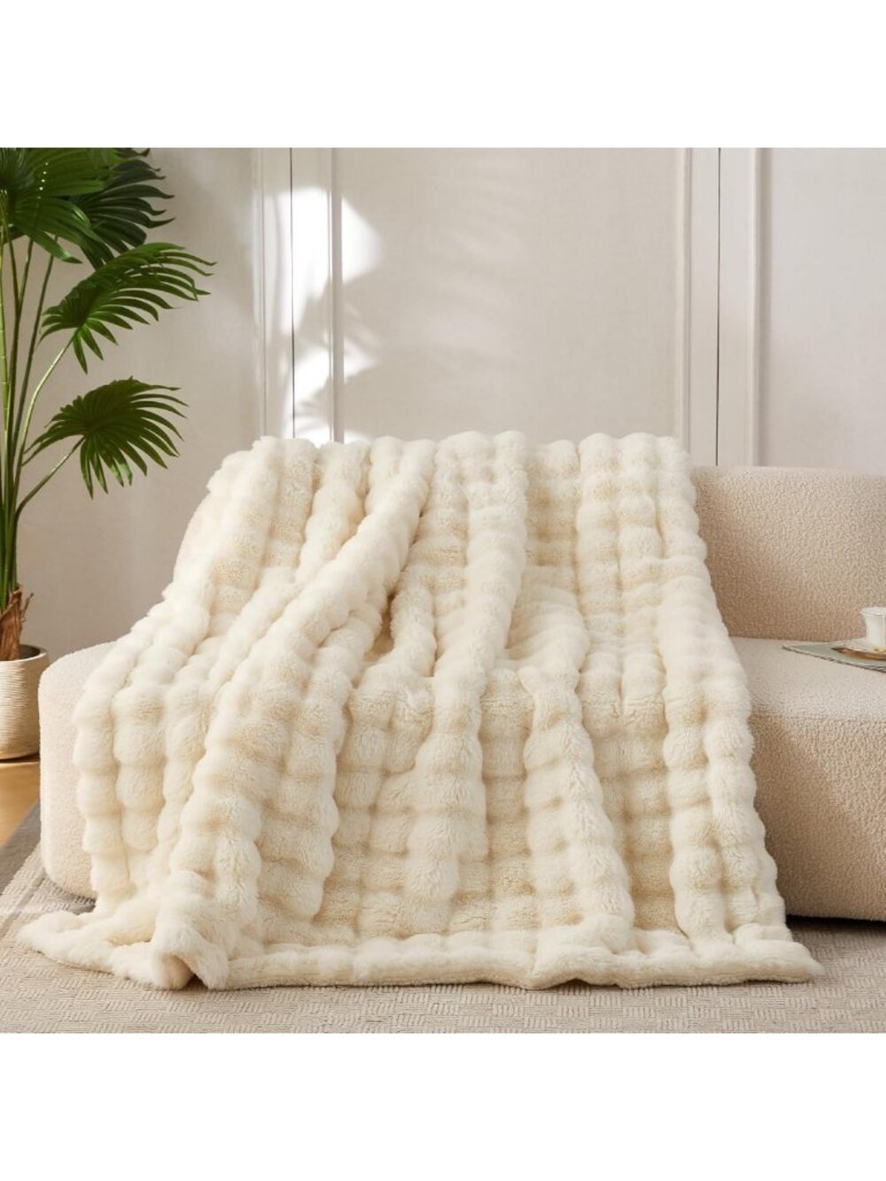 Cozy Soft Bubble Faux Fur Throw Blanket, 50"x60", Luxurious Ivory White